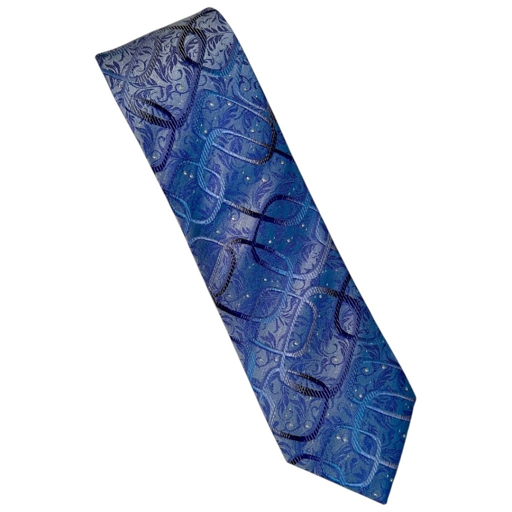 Claiborne Blue Shiny Chain Interlocking Vine Swirl 100% Silk Men's Tie